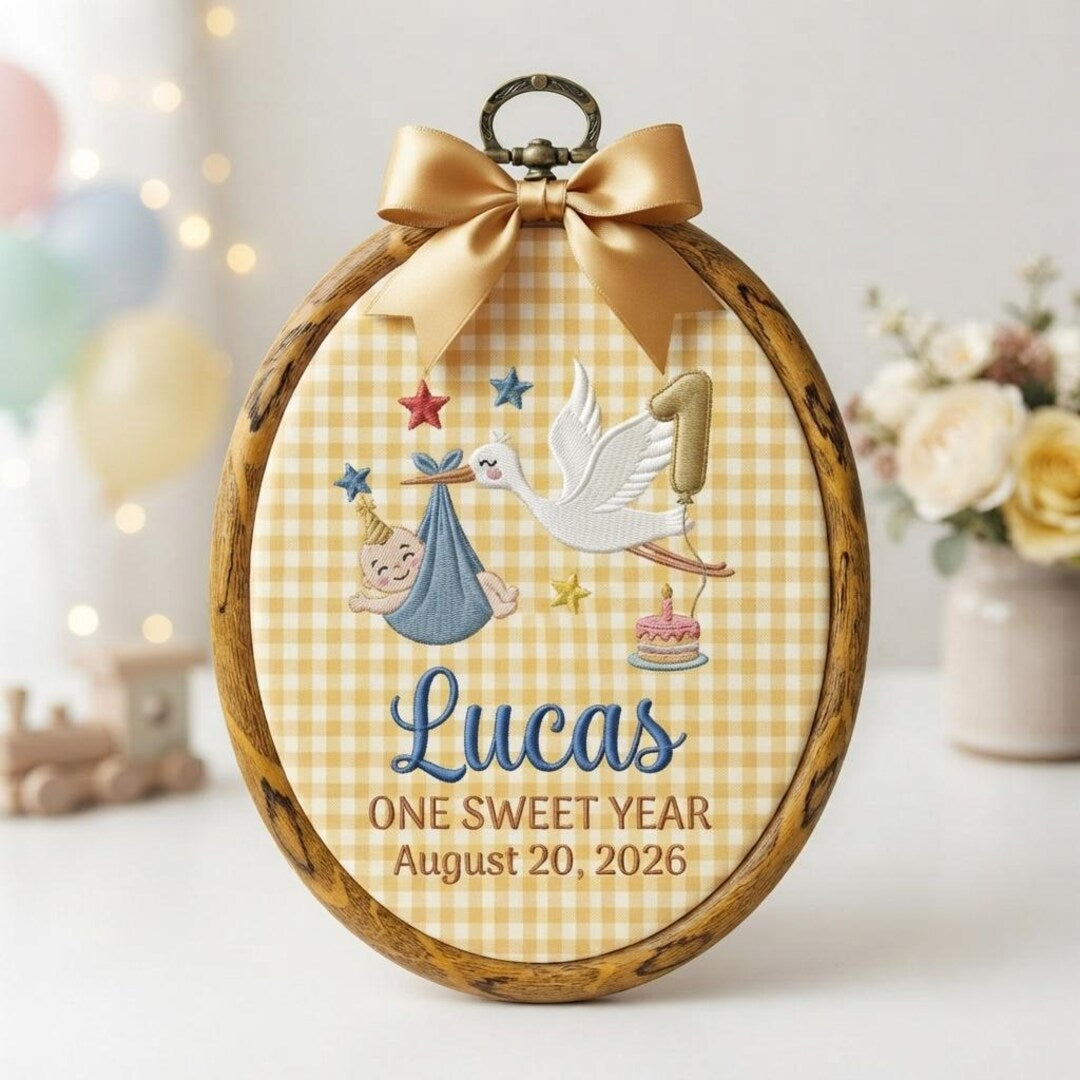 Personalized First Birthday Stork Baby Boy One Sweet Year Name Date Embroidered Ornament — Christmas ornament