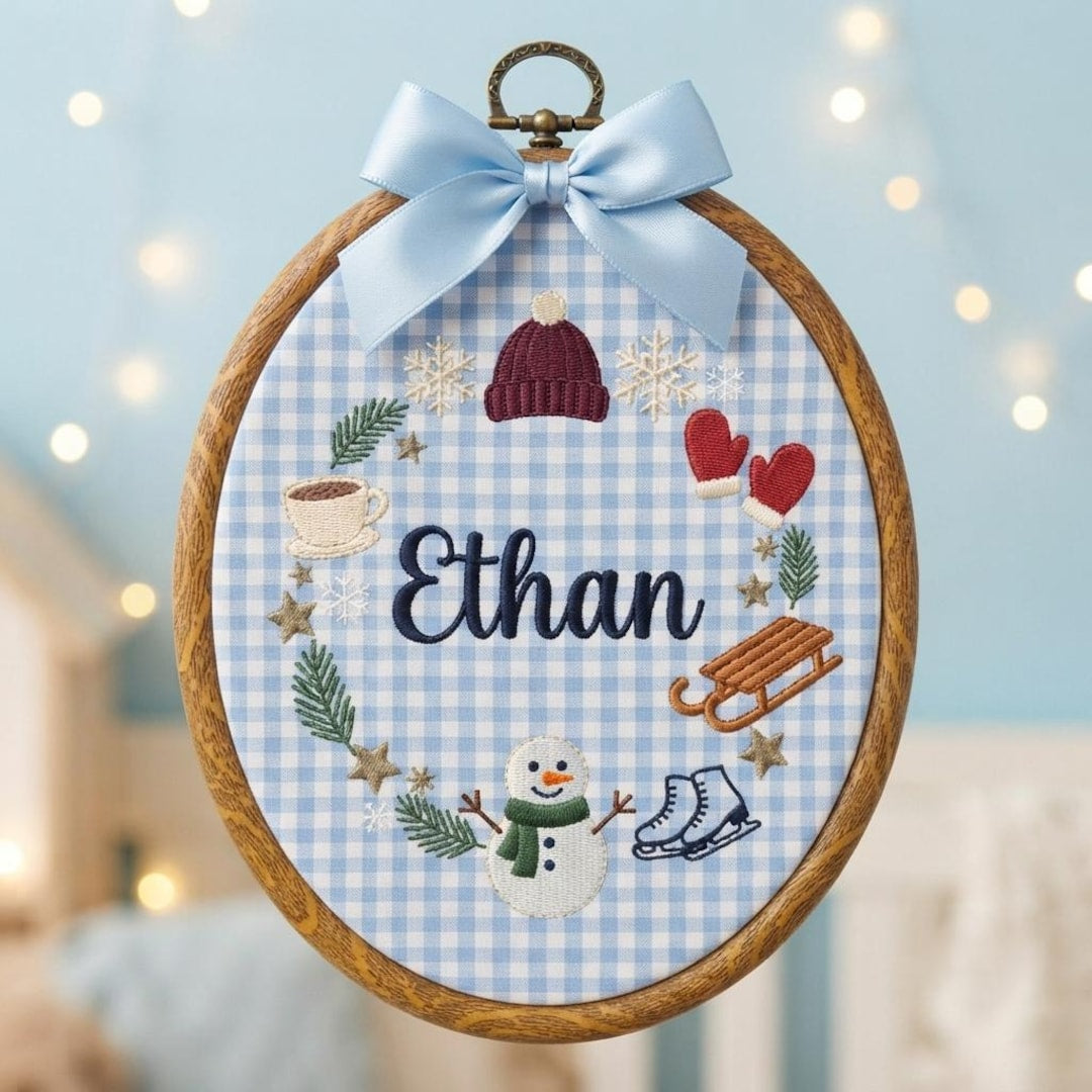Personalized Name Winter Snowman Sled Ice Skates Mittens Beanie Wreath Embroidered Ornament — Christmas ornament