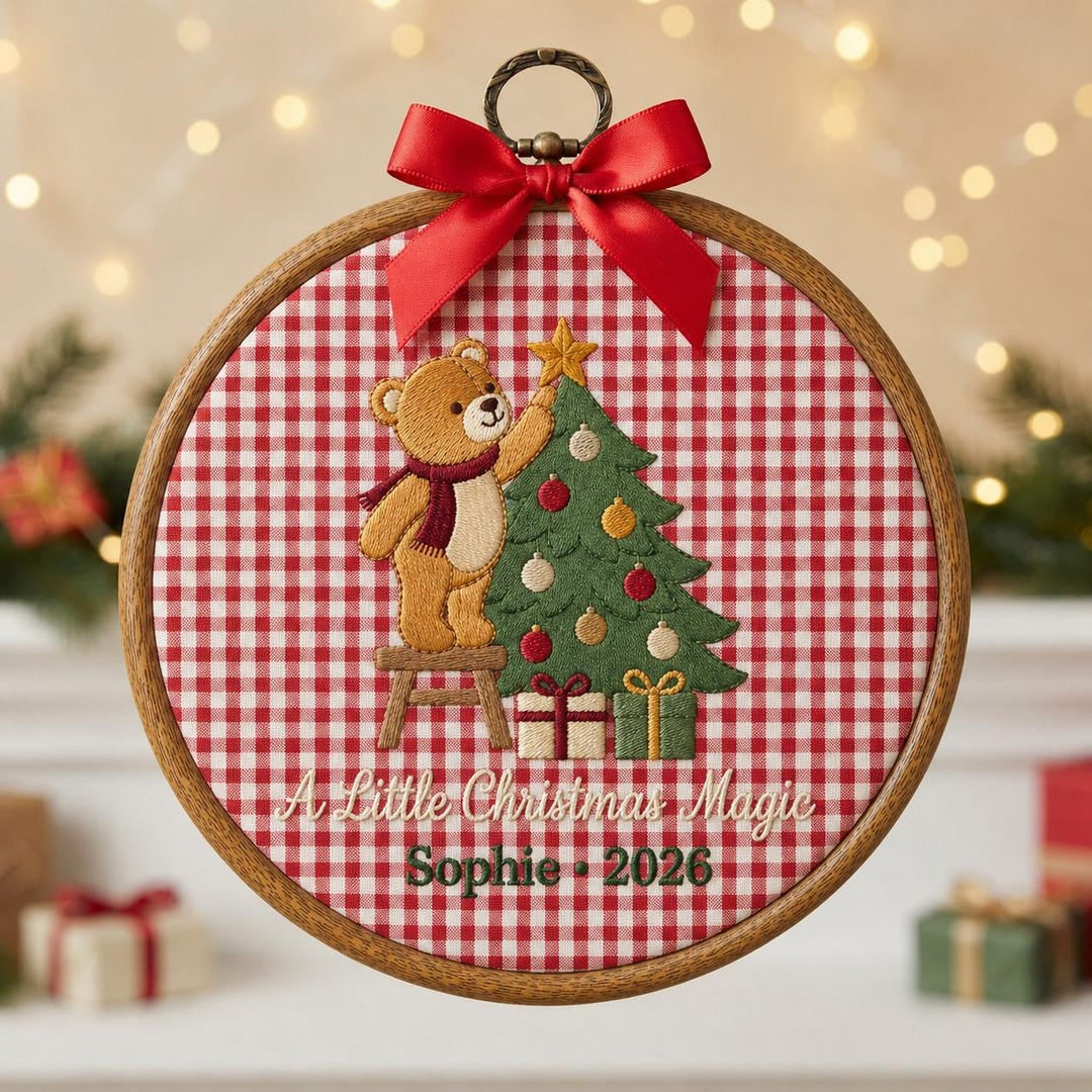 Personalized Teddy Bear Decorating Christmas Tree A Little Christmas Magic Name Year Embroidered Ornament — Christmas ornament