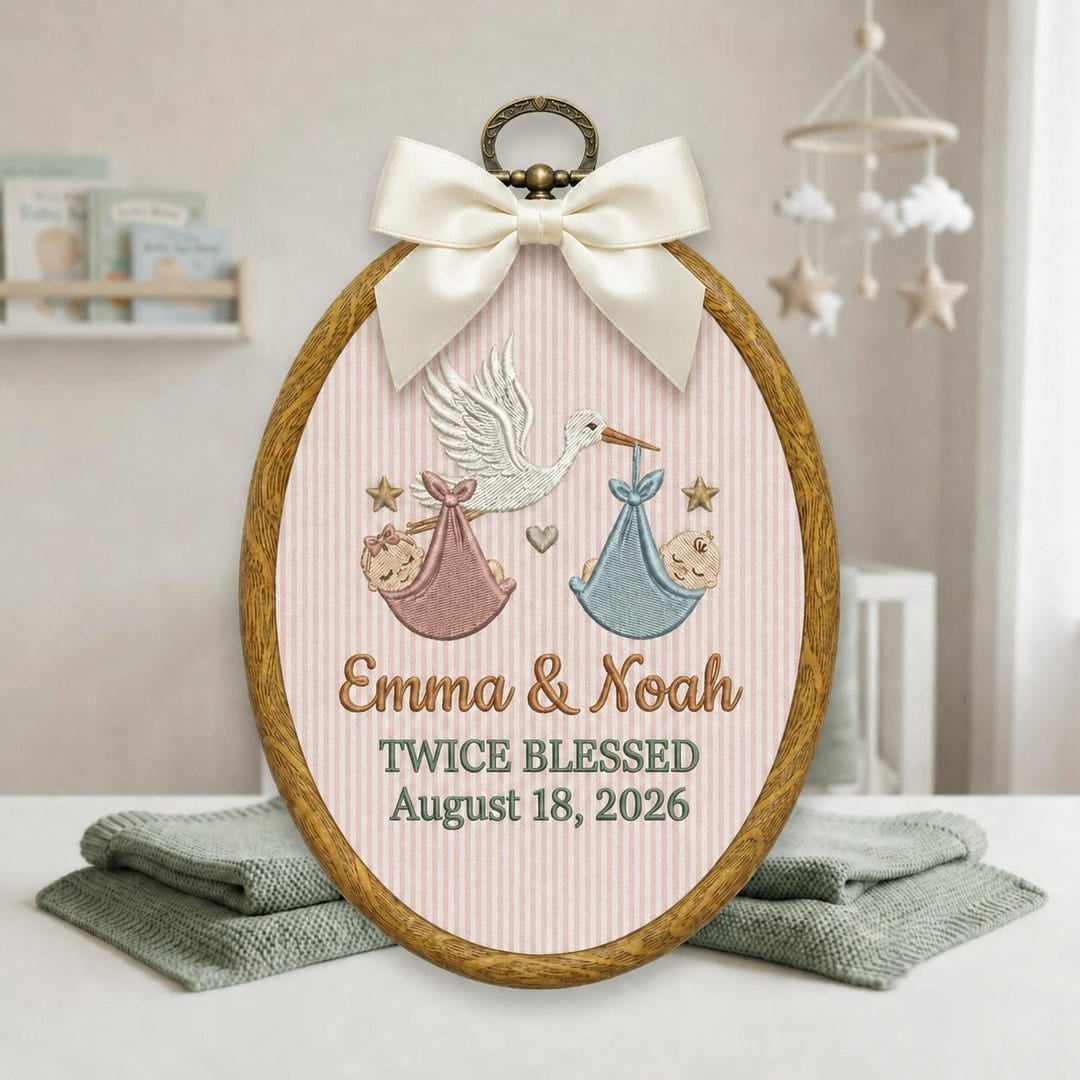 Personalized Twin Baby Stork Twice Blessed Birth Keepsake Embroidered Ornament — Christmas ornament