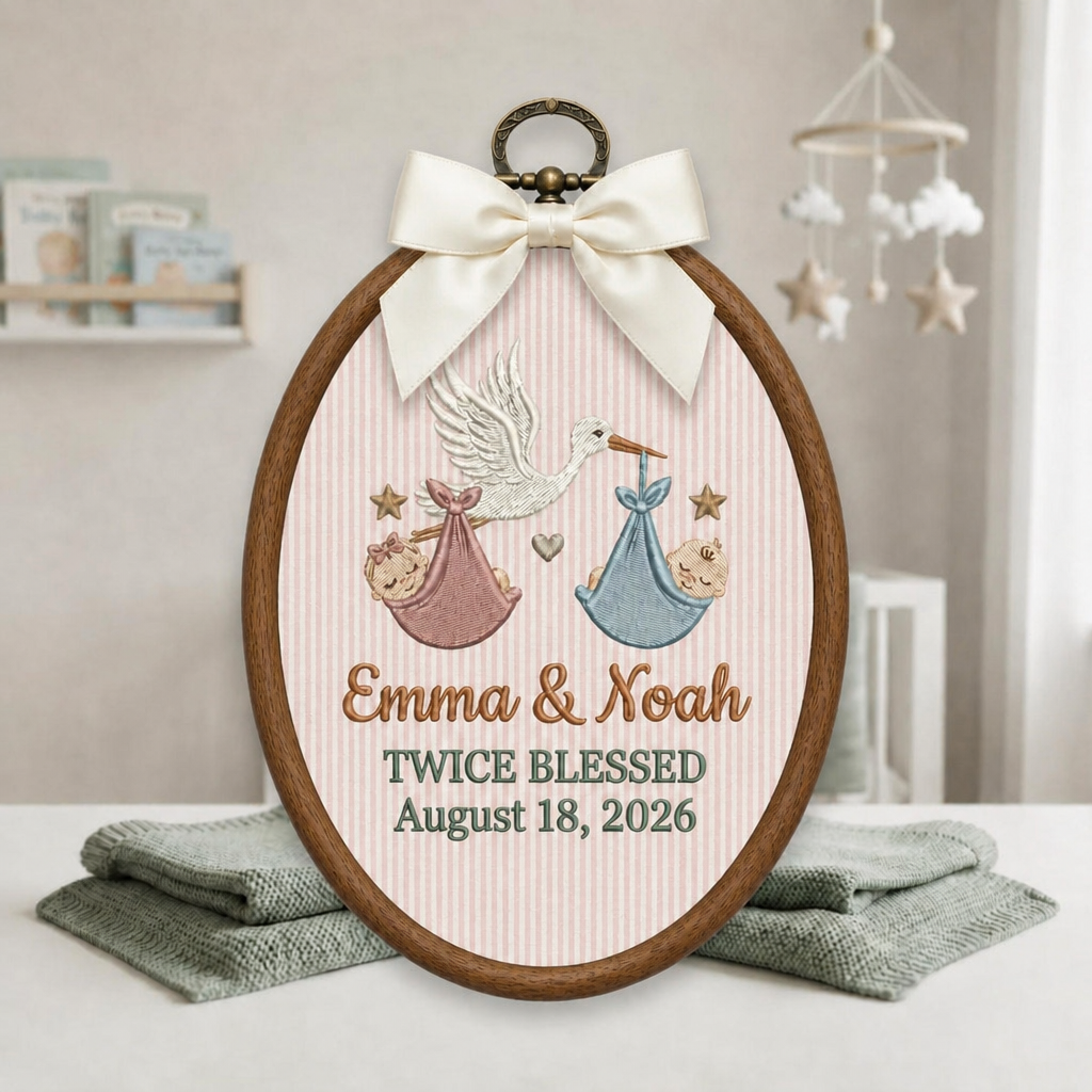 Personalized Twin Baby Stork Twice Blessed Birth Keepsake Embroidered Ornament