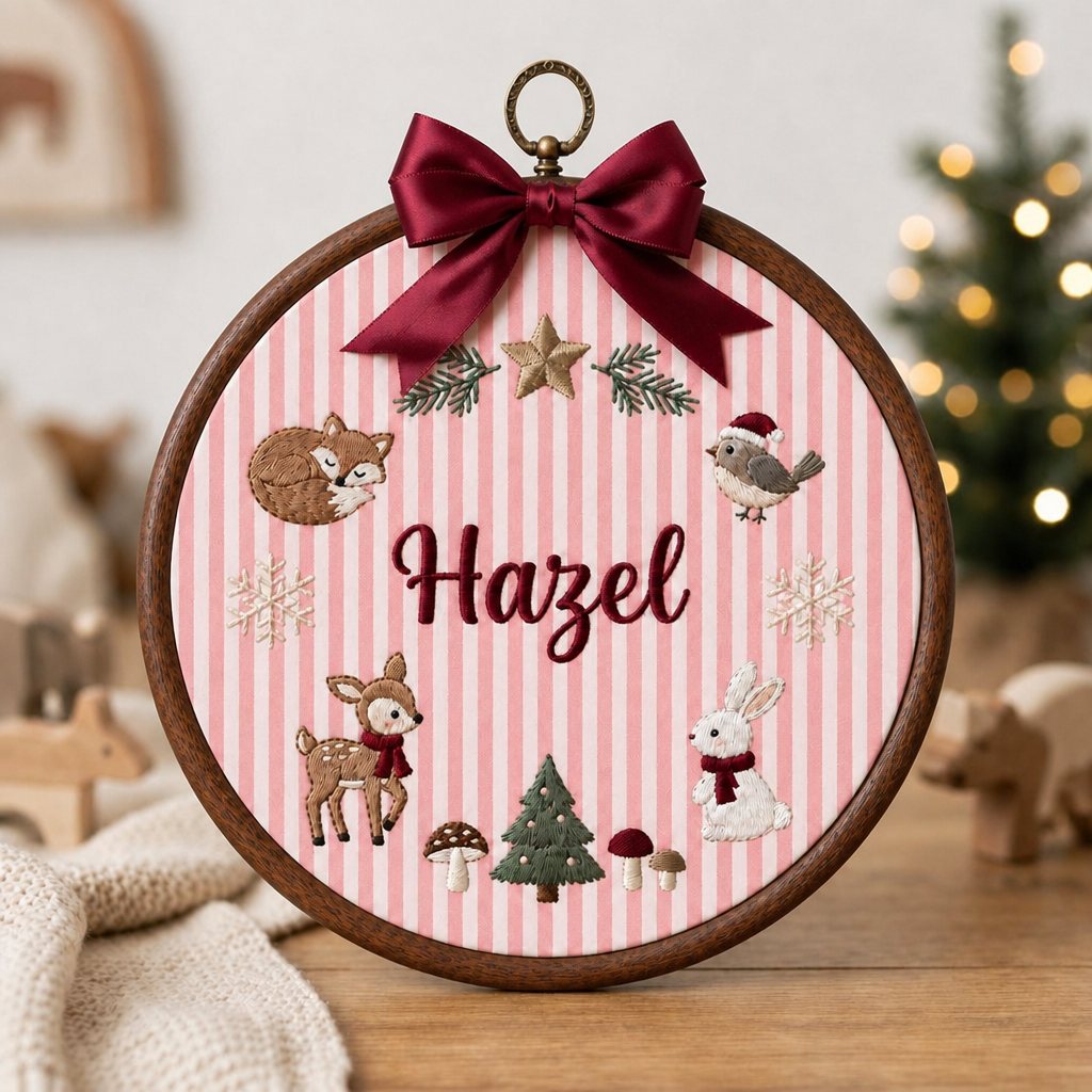 Personalized Woodland Christmas Hoop Fox Deer Bunny Bird Custom Name Embroidered Ornament