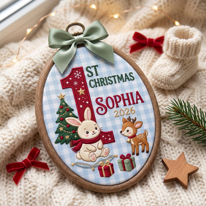 KOR292026 - Personalized Baby First Christmas Bunny Reindeer Christmas Tree Embroidered Ornament