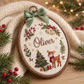 KOR292027 - Personalized Christmas Reindeer Christmas Tree Candy Cane Bells Oval Embroidered Ornament — Christmas ornament