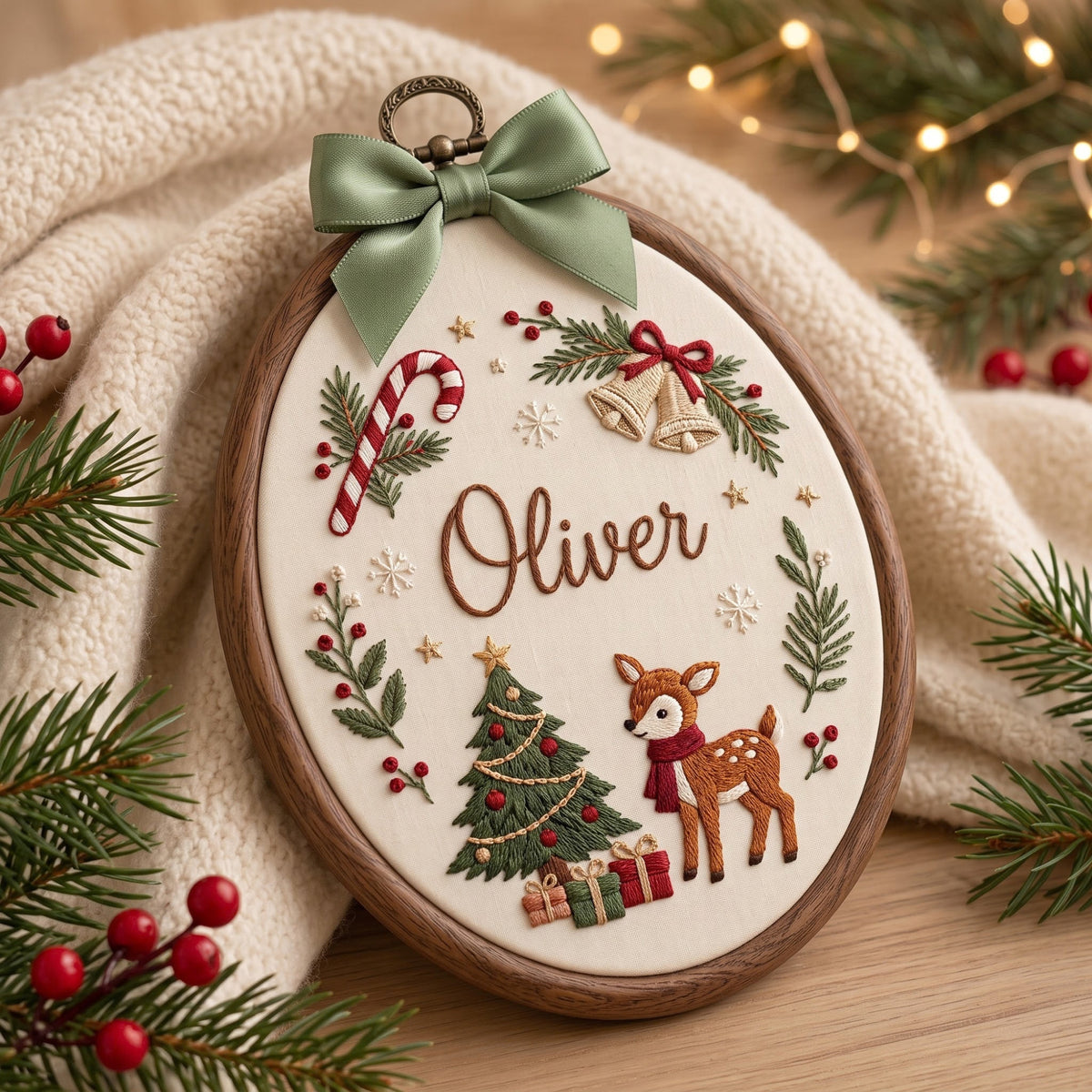 KOR292027 - Personalized Christmas Reindeer Christmas Tree Candy Cane Bells Oval Embroidered Ornament — Christmas ornament