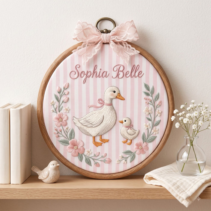 KOR292044 - Personalized Baby Girl Duck Duckling Floral Wreath Nursery Embroidered Ornament