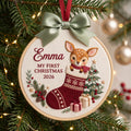KOR292045 - Personalized Baby First Christmas Deer In Stocking Embroidered Ornament — Christmas ornament
