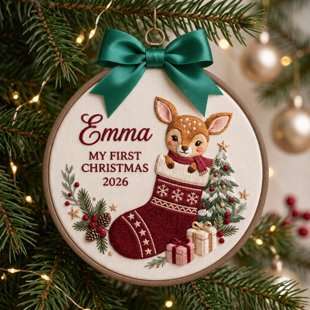 Personalized Baby First Christmas Deer In Stocking Embroidered Ornament