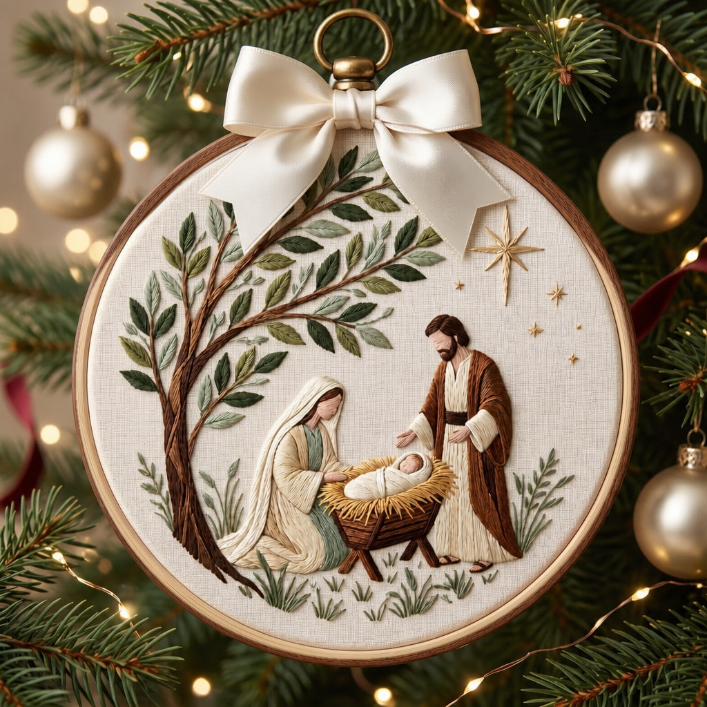 Nativity Scene Holy Family Mary Joseph Baby Jesus Christmas Embroidered Ornament