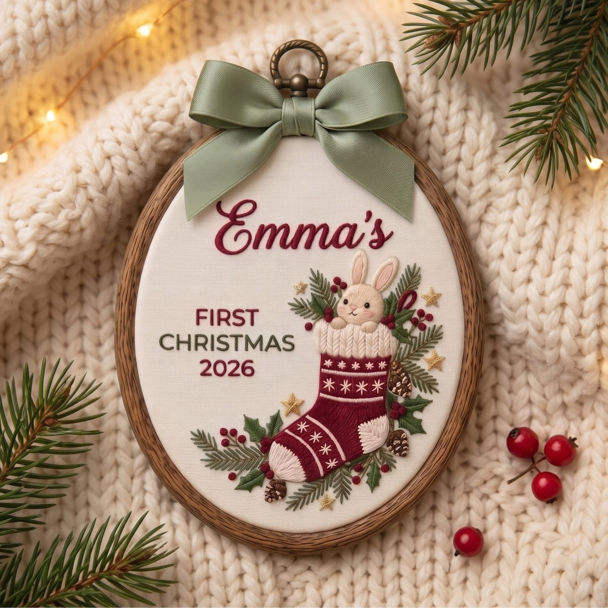 KOR292191 - Personalized Baby First Christmas Bunny Stocking Holly Embroidered Ornament — Christmas ornament