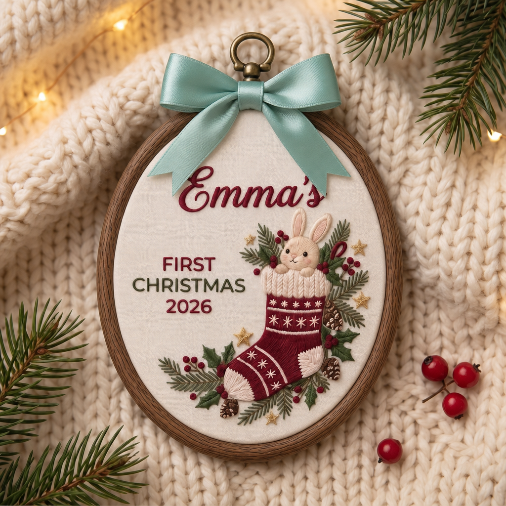 Personalized Baby First Christmas Bunny Stocking Holly Embroidered Ornament