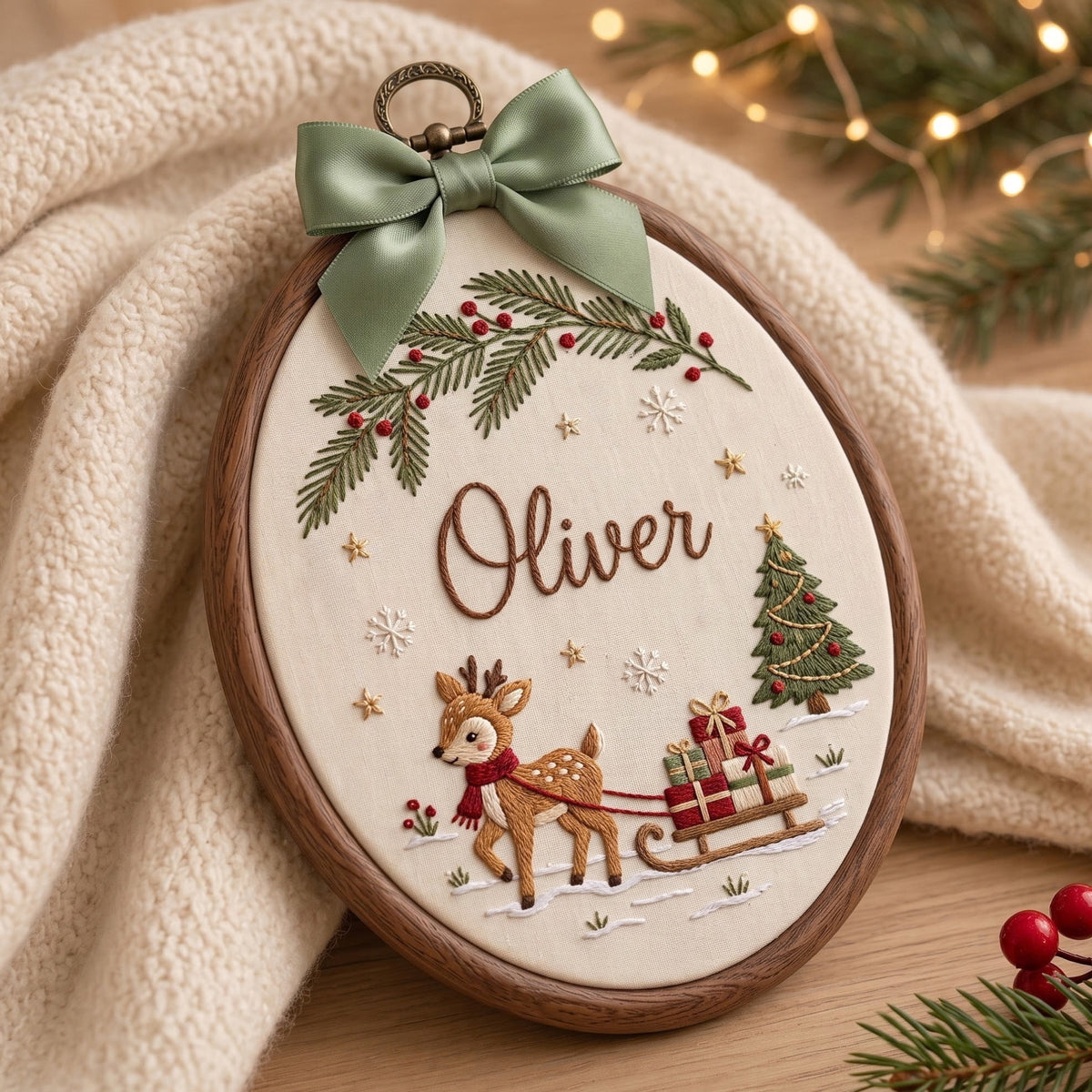 KOR292192 - Personalized Christmas Reindeer Sleigh Gifts Pine Garland Snowflakes Embroidered Ornament — Christmas ornament