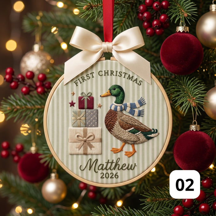 KOR292193 - Personalized First Christmas Mallard Duck Gifts Scarf Embroidered Ornament