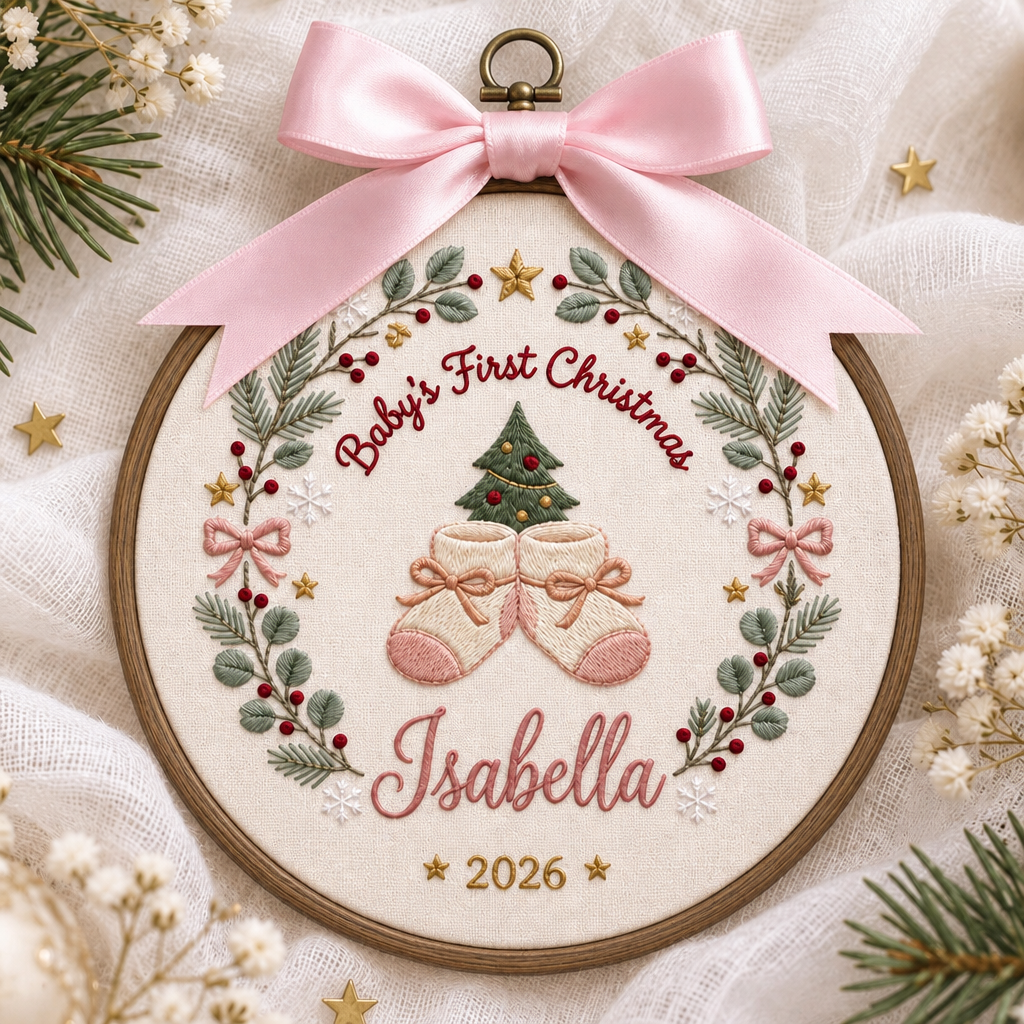 Personalized Baby's First Christmas Booties Pine Wreath Bows Stars Custom Name Year Embroidered Ornament