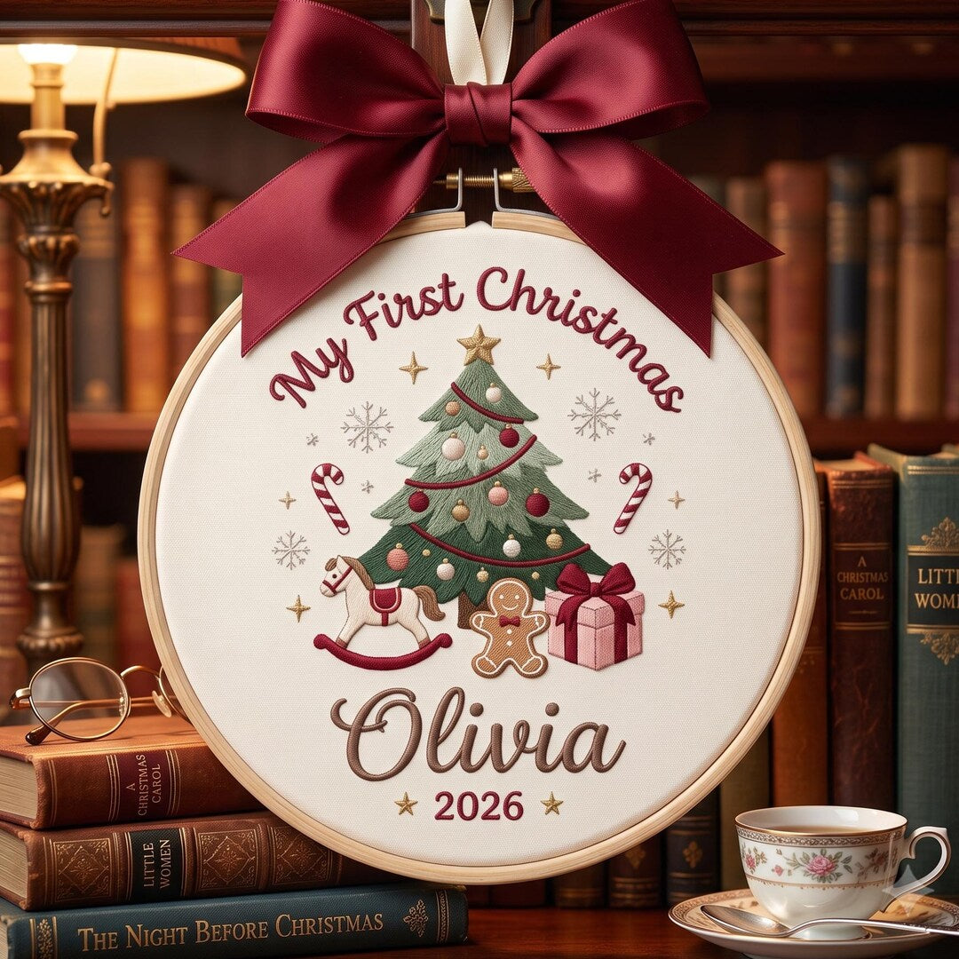 Personalized My First Christmas Tree Rocking Horse Gingerbread Man Candy Cane Gift Custom Name Year Embroidered Ornament Embroidered Ornamen embroidered christmas ornament — front view