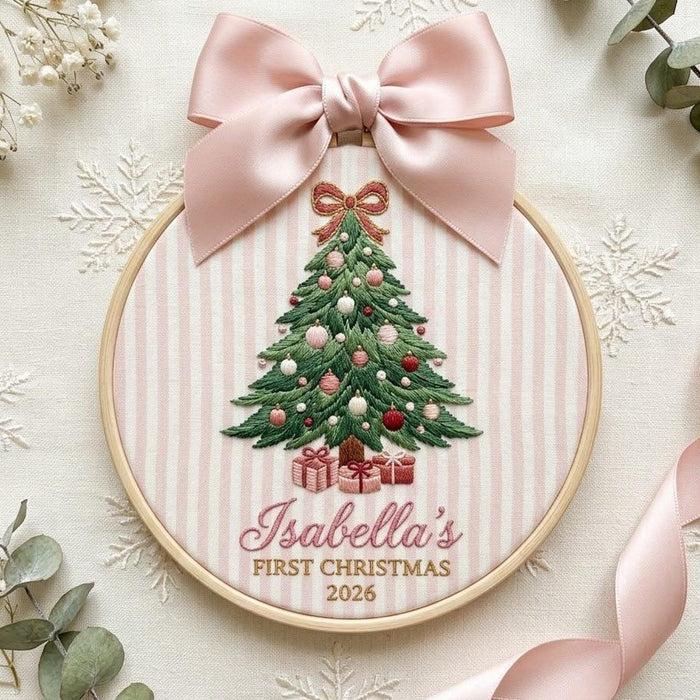 Personalized Baby First Christmas Tree Gifts Bow Pink Stripe Hoop Custom Name Year Embroidered Ornament
