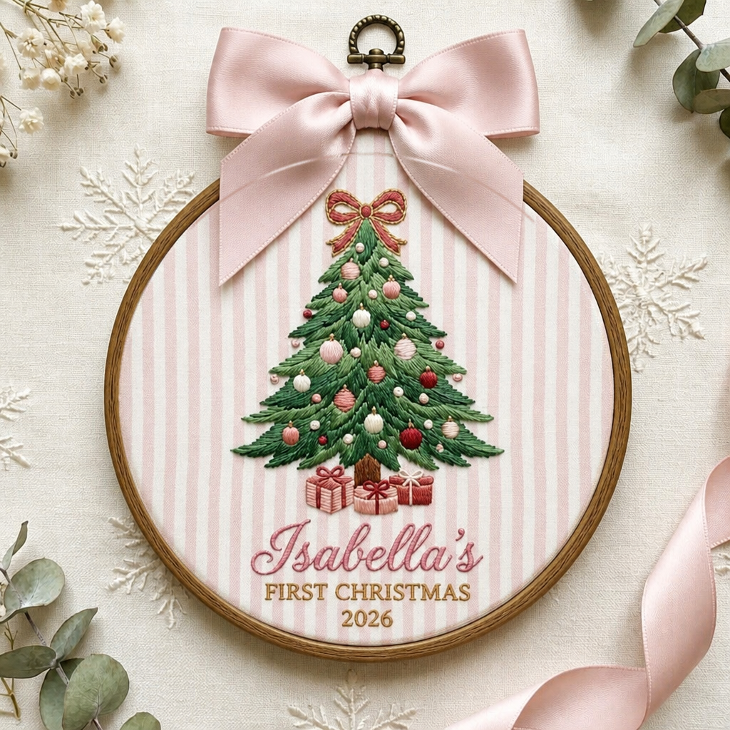 Personalized Baby First Christmas Tree Gifts Bow Pink Stripe Hoop Custom Name Year Embroidered Ornament