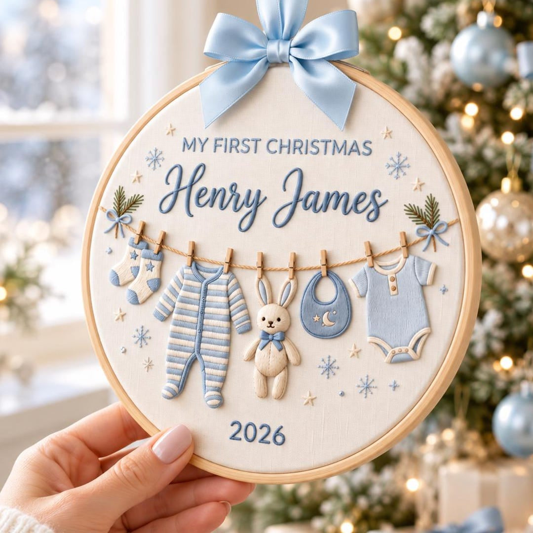 Personalized Baby My First Christmas Clothesline Bunny Onesie Bib Snowflakes Blue Hoop Embroidered Ornament — Christmas ornament
