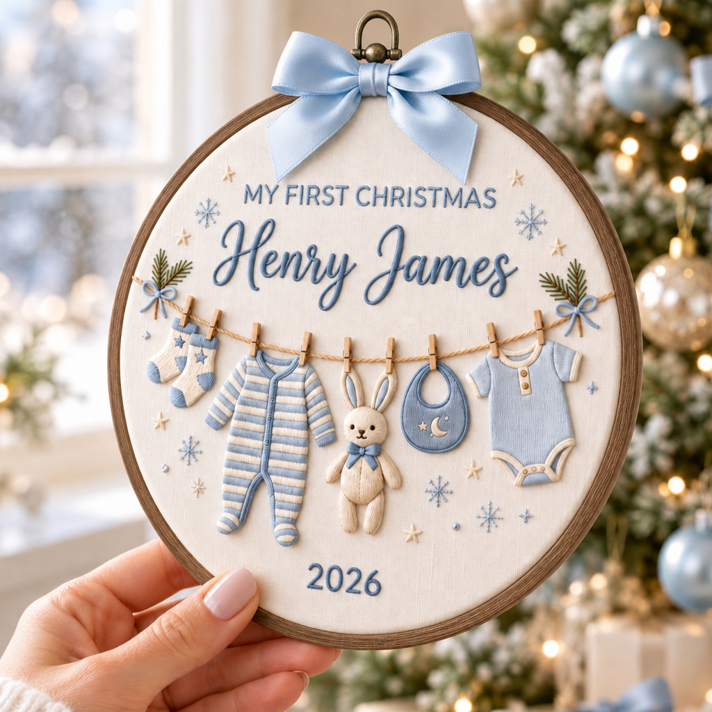 Personalized Baby My First Christmas Clothesline Bunny Onesie Bib Snowflakes Blue Hoop Embroidered Ornament