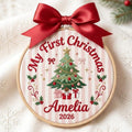 Personalized Baby My First Christmas Tree Gifts Holly Bows Pink Stripe Custom Name Year Embroidered Ornament — Christmas ornament