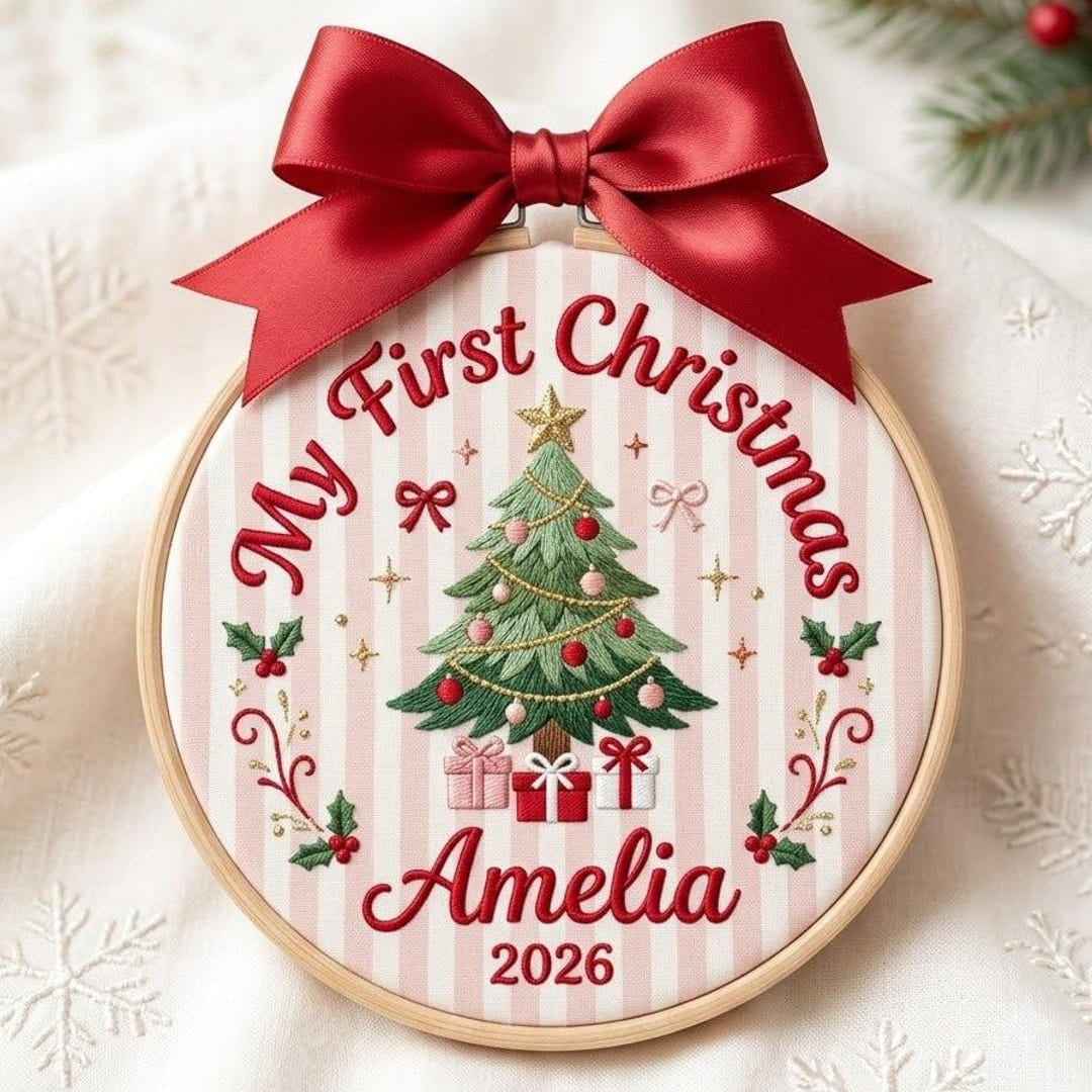 Personalized Baby My First Christmas Tree Gifts Holly Bows Pink Stripe Custom Name Year Embroidered Ornament — Christmas ornament
