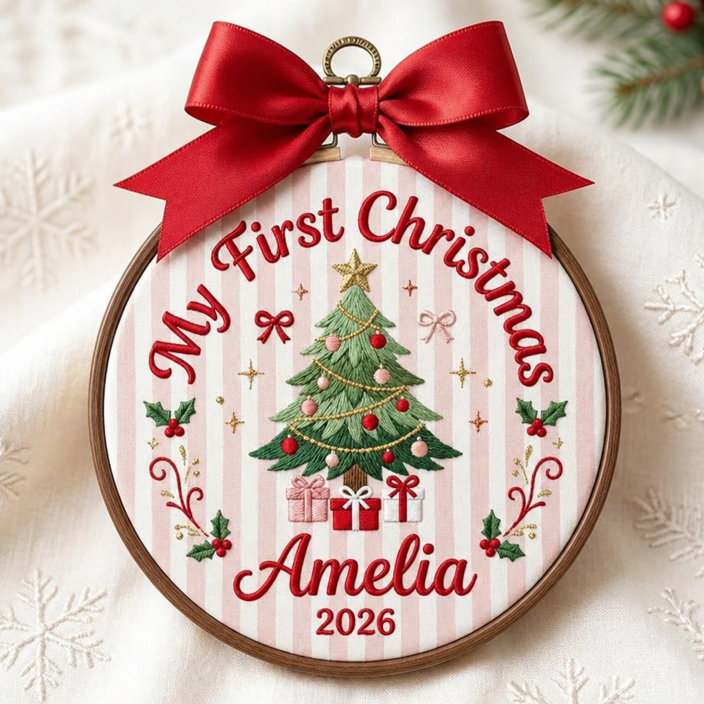 Personalized Baby My First Christmas Tree Gifts Holly Bows Pink Stripe Custom Name Year Embroidered Ornament