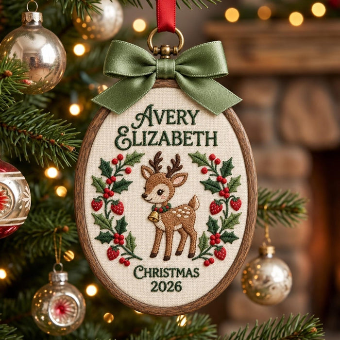 Personalized Christmas Reindeer Holly Berry Wreath Custom Name Year Embroidered Ornament