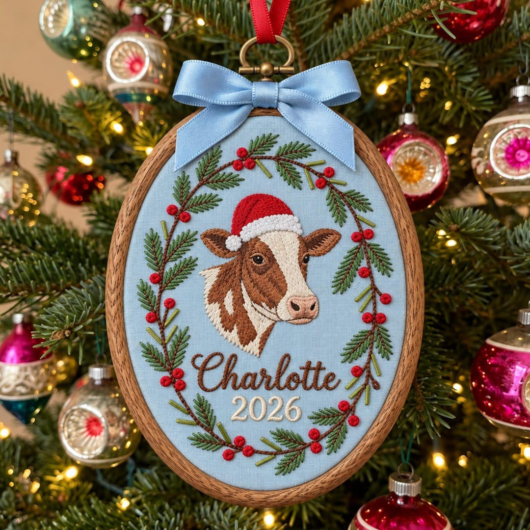 Personalized Christmas Cow Santa Hat Holly Wreath Custom Name Year Embroidered Ornament — Christmas ornament