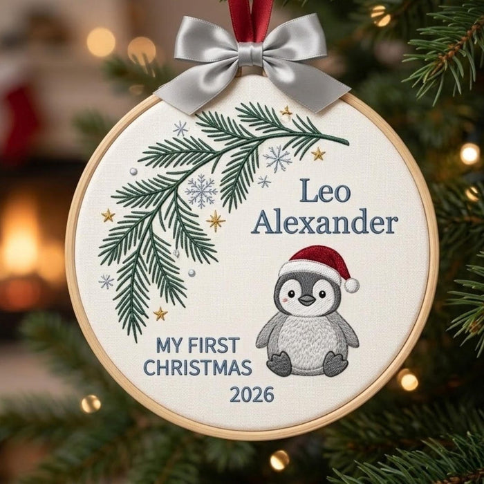 Personalized Baby My First Christmas Penguin Santa Hat Pine Branch Snowflakes Custom Name Year Embroidered Ornament