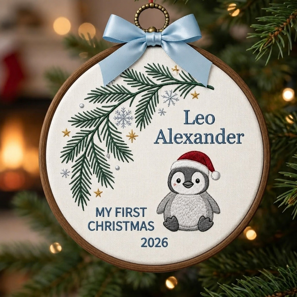 Personalized Baby My First Christmas Penguin Santa Hat Pine Branch Snowflakes Custom Name Year Embroidered Ornament