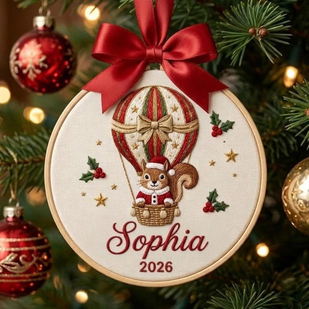 Personalized Christmas Squirrel Hot Air Balloon Santa Outfit Holly Stars Embroidered Ornament — Christmas ornament