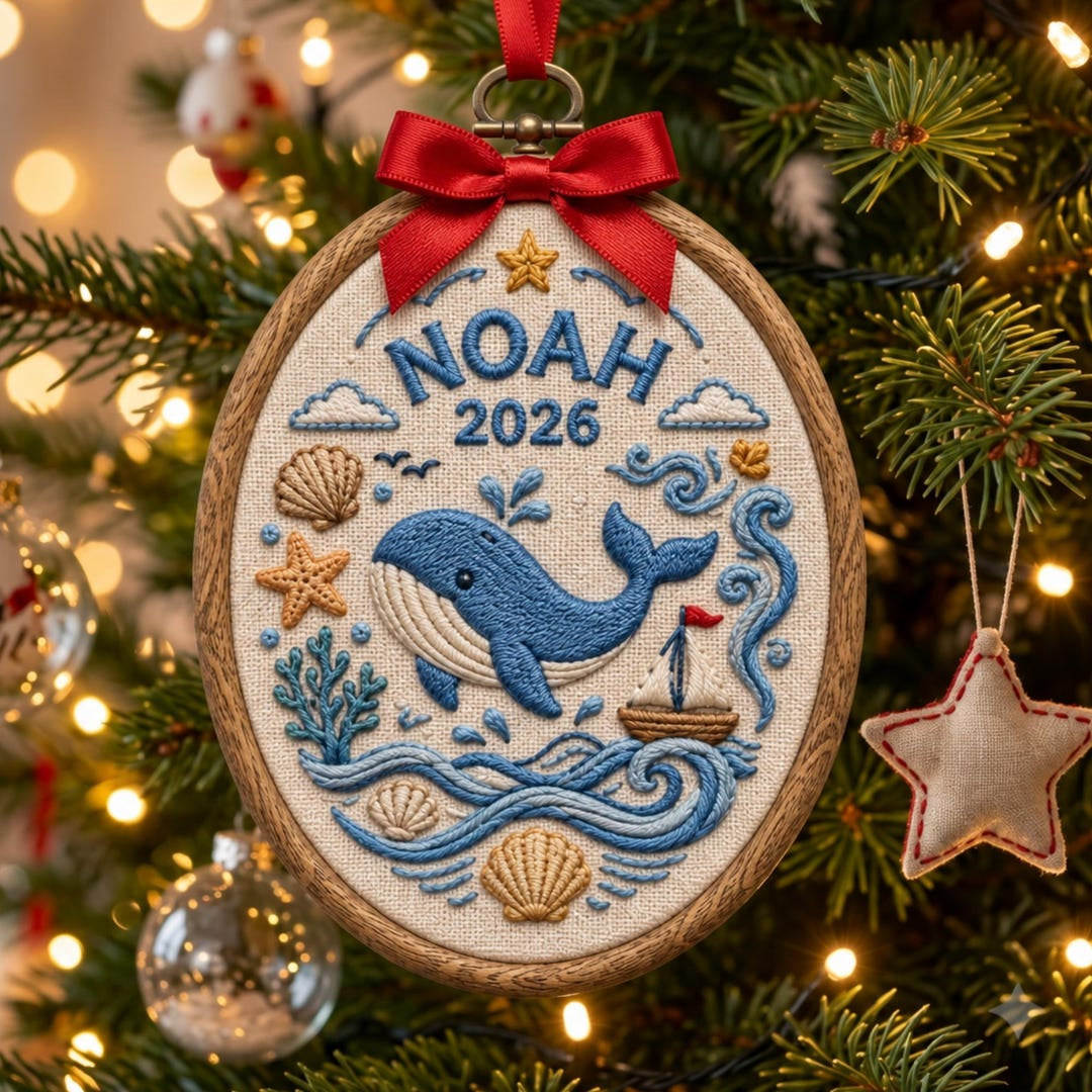 Personalized Whale Ocean Nautical Sailboat Seashell Christmas Embroidered Ornament — Christmas ornament