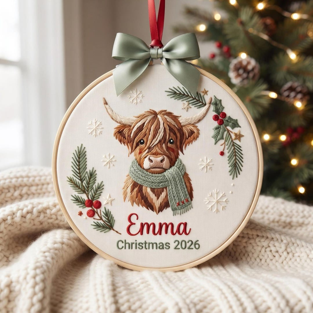 Personalized Highland Cow Christmas Scarf Holly Snowflakes Custom Name Year Embroidered Ornament — Christmas ornament