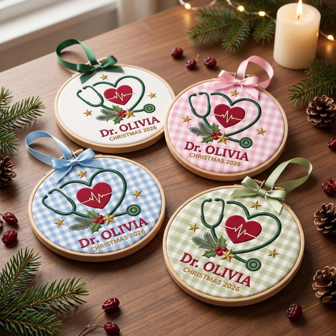 Personalized Doctor Stethoscope Heart EKG Holly Christmas Embroidered Ornament — Christmas ornament