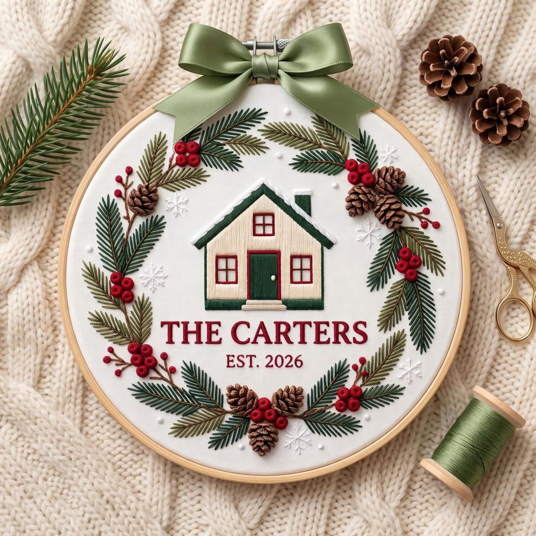 Personalized Family Name Christmas House Pine Wreath Berry Pinecone EST Year Embroidered Ornament — Christmas ornament