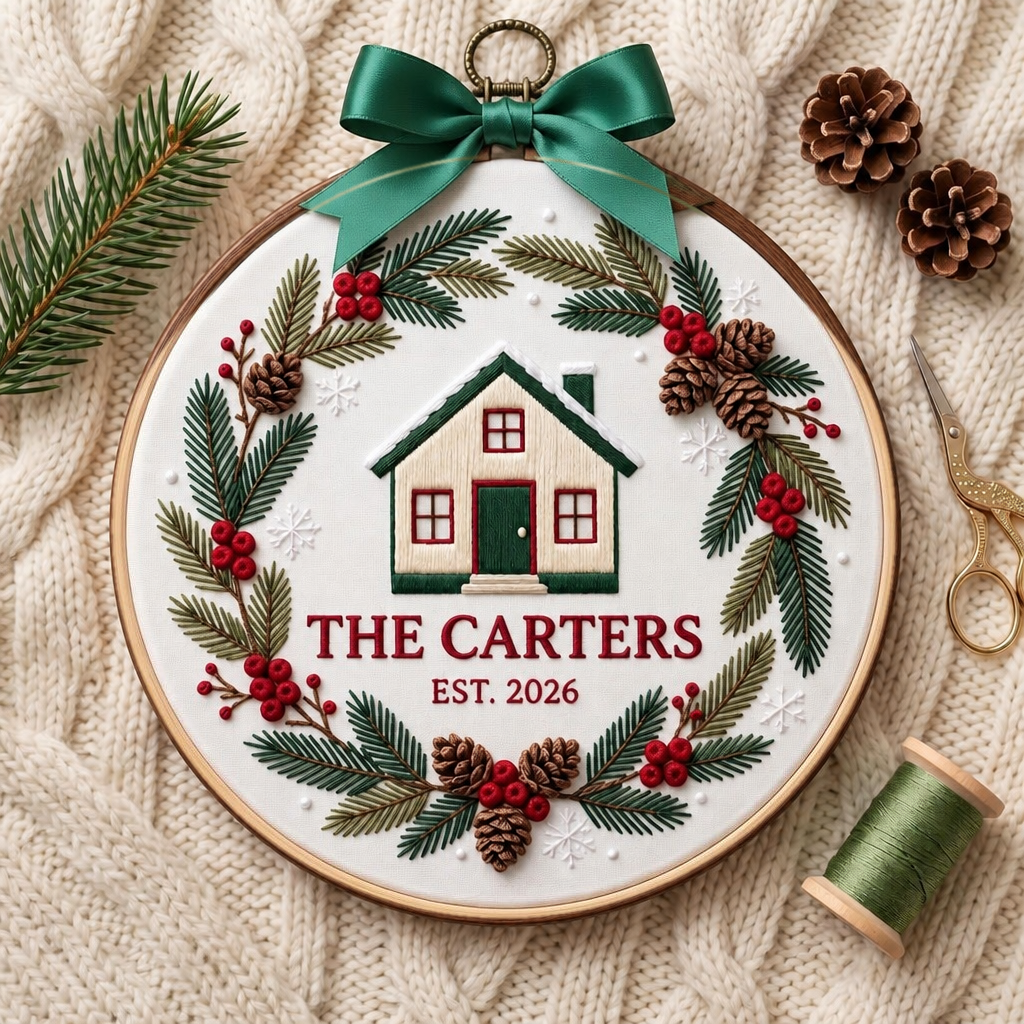 Personalized Family Name Christmas House Pine Wreath Berry Pinecone EST Year Embroidered Ornament