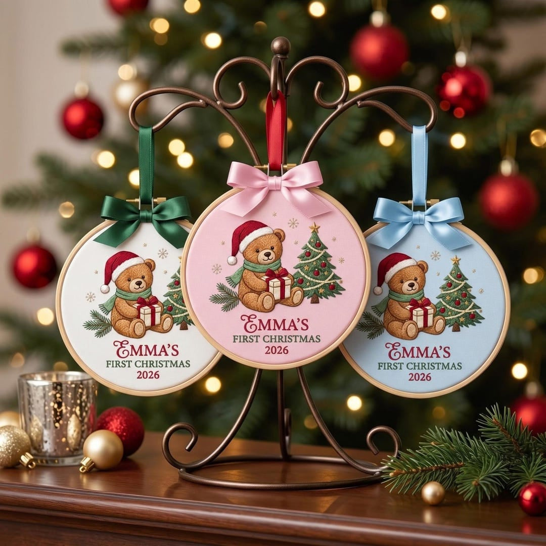 Personalized Baby First Christmas Teddy Bear Santa Hat Scarf Gift Tree Custom Name Year Embroidered Ornament — Christmas ornament
