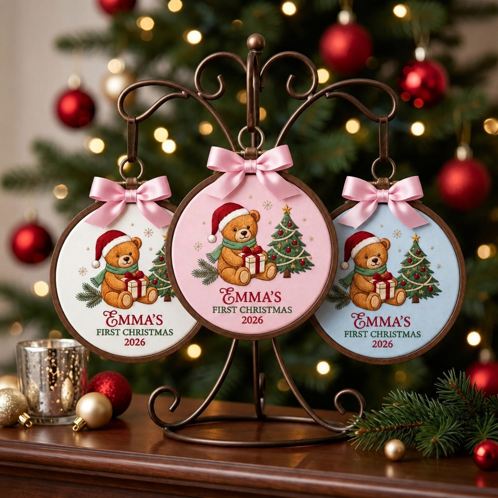 Personalized Baby First Christmas Teddy Bear Santa Hat Scarf Gift Tree Custom Name Year Embroidered Ornament
