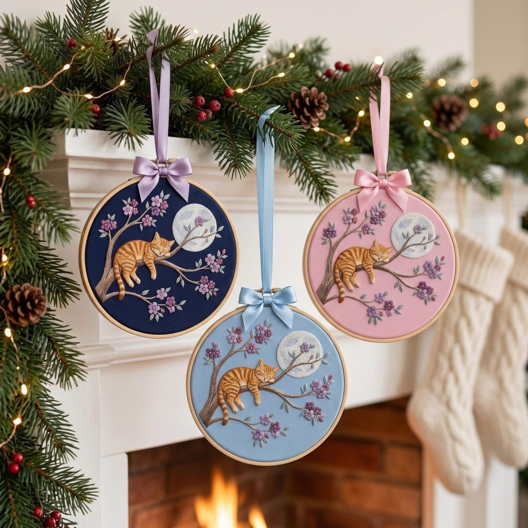 Personalized Sleeping Cat Cherry Blossom Moon Floral Branch Custom Name Christmas Embroidered Ornament — Christmas ornament