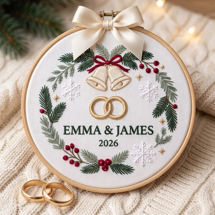 Personalized Our First Christmas Wedding Bells Rings Wreath Couple Custom Names Year Embroidered Ornament