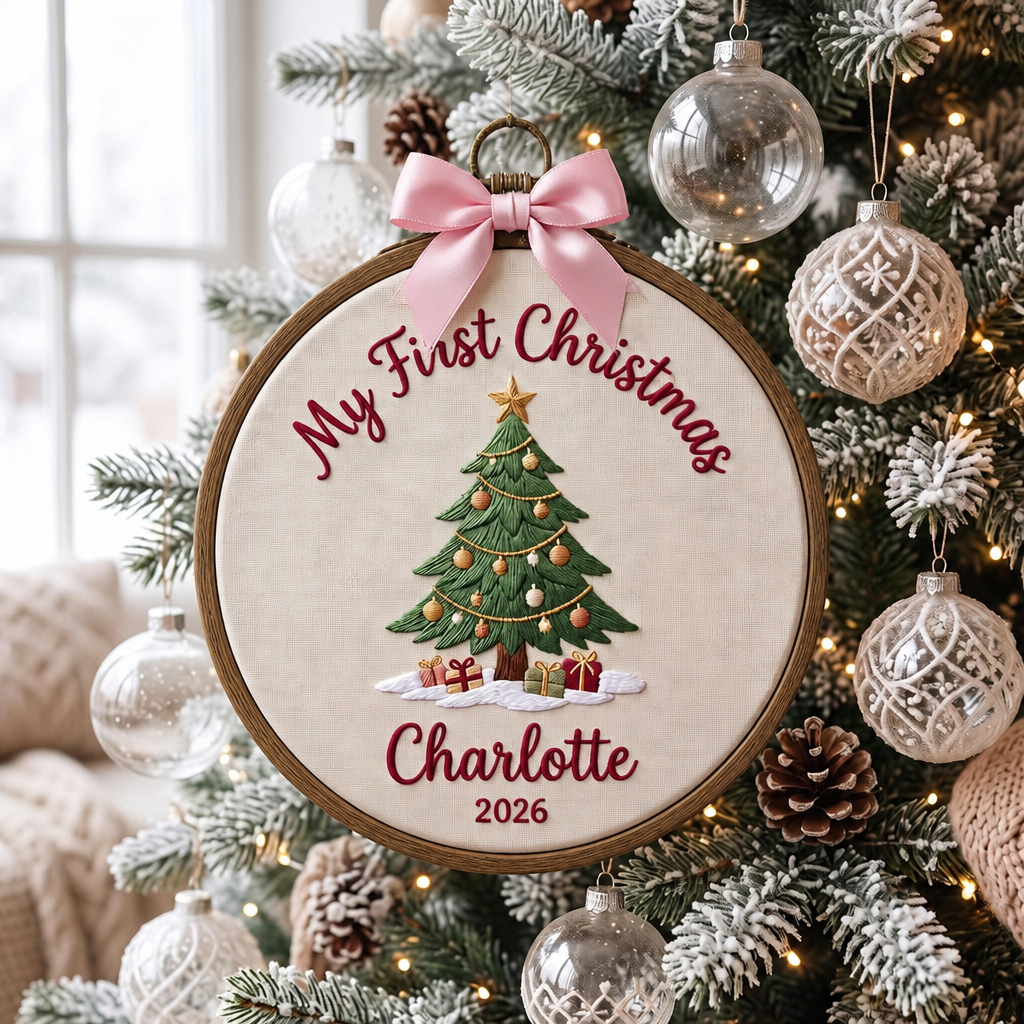 Personalized My First Christmas Tree Gifts Snow Custom Name Year Embroidered Ornament