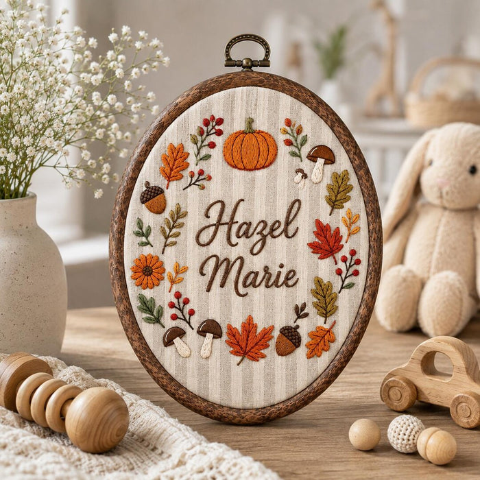 Personalized Fall Baby Name Pumpkin Autumn Leaves Mushroom Acorn Wreath Embroidered Ornament