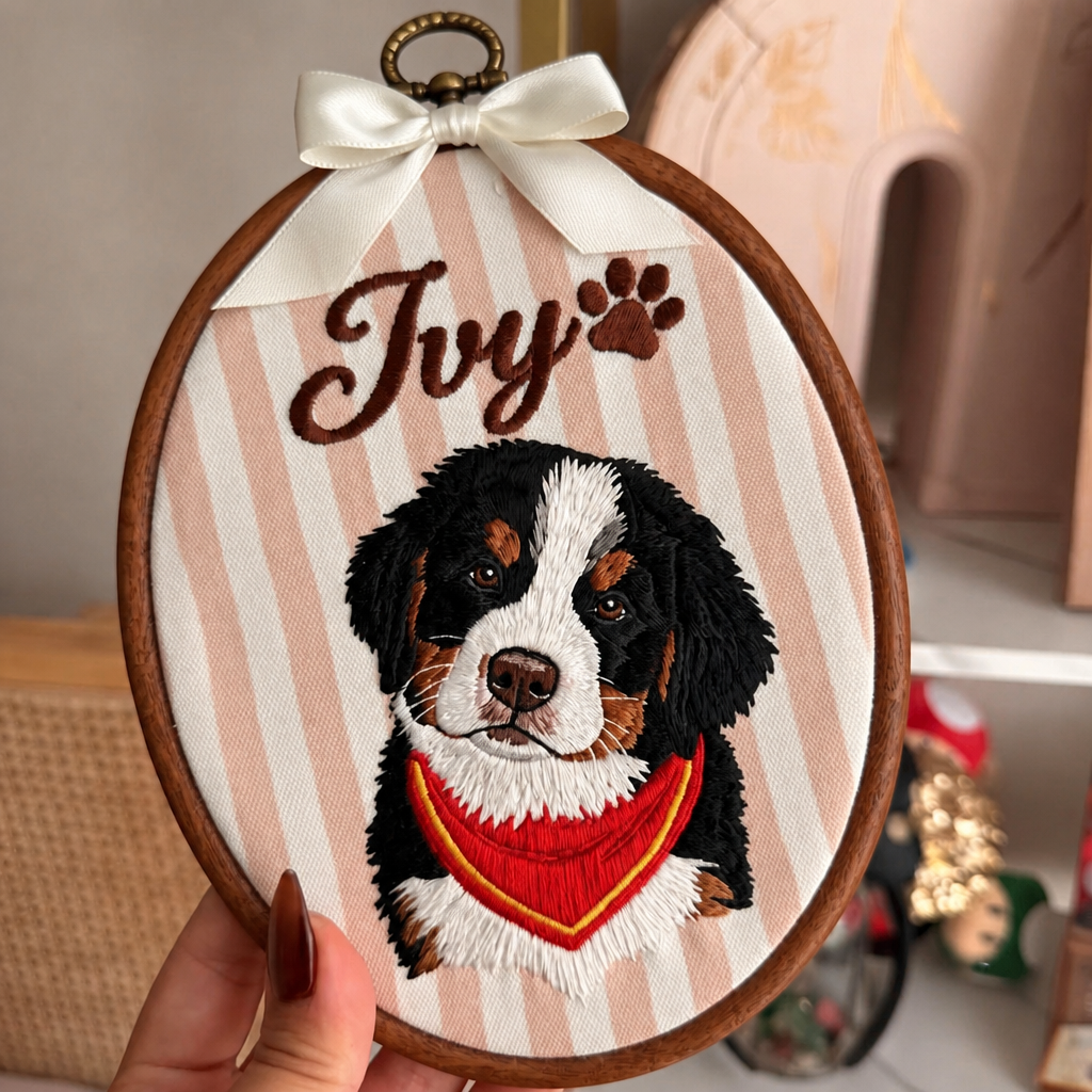 Personalized Custom Pet Portrait Bernese Mountain Dog Bandana Embroidered Ornament