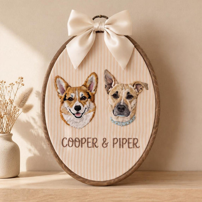 Personalized Custom Pet Portrait Two Dogs Name Embroidered Ornament