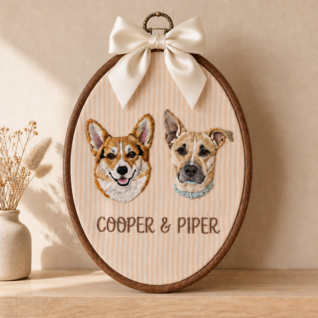 Personalized Custom Pet Portrait Two Dogs Name Embroidered Ornament