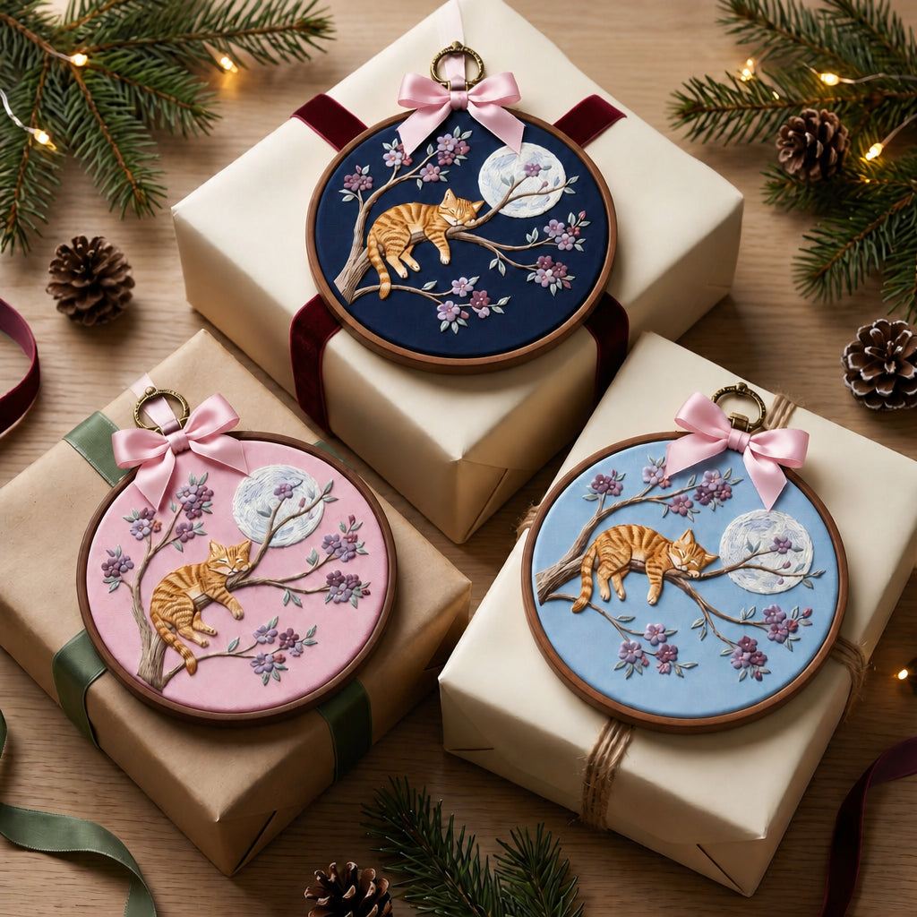 Sleeping Cat Cherry Blossom Full Moon Embroidered Christmas Ornament — Christmas ornament