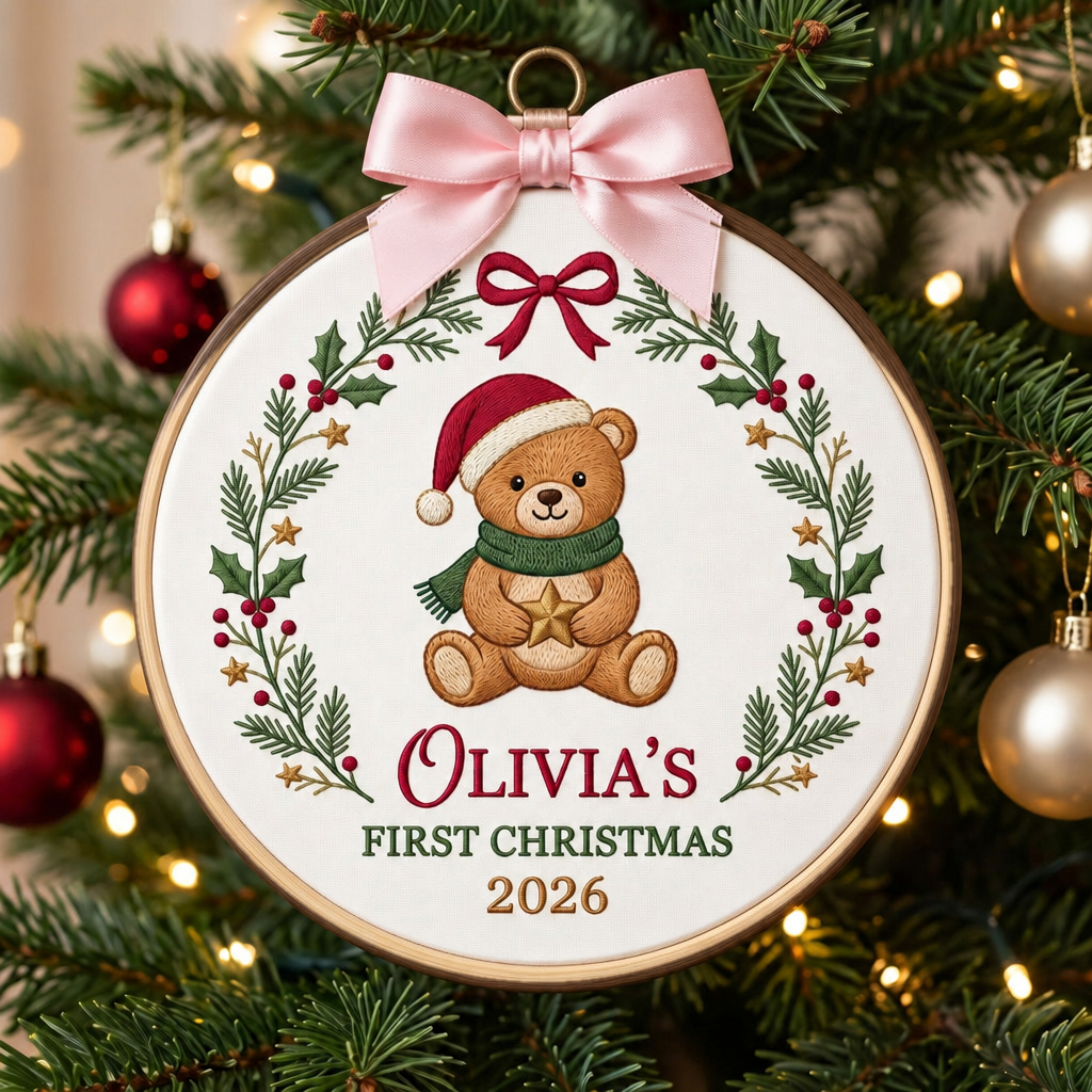 Personalized Baby First Christmas Teddy Bear Santa Hat Wreath Embroidered Ornament