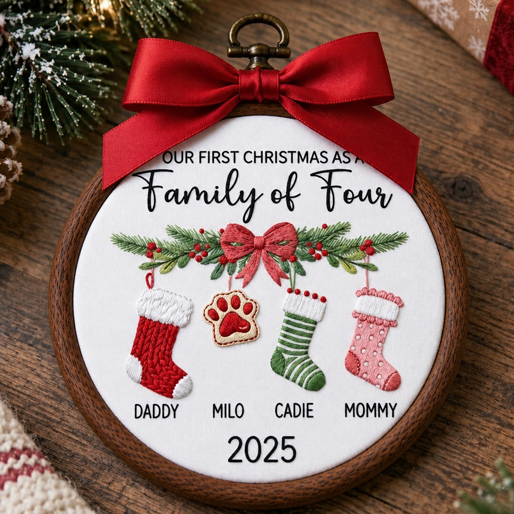 Personalized Our First Christmas as a Family of Four Stockings Pet Paw Custom Names Year Embroidered Ornament