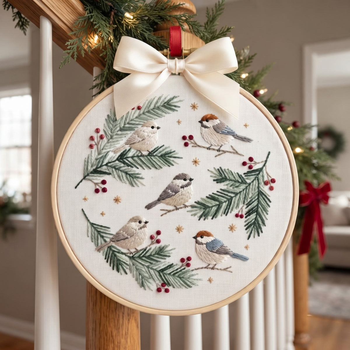 Winter Birds Pine Branch Holly Berry Christmas Embroidered Ornament — Christmas ornament
