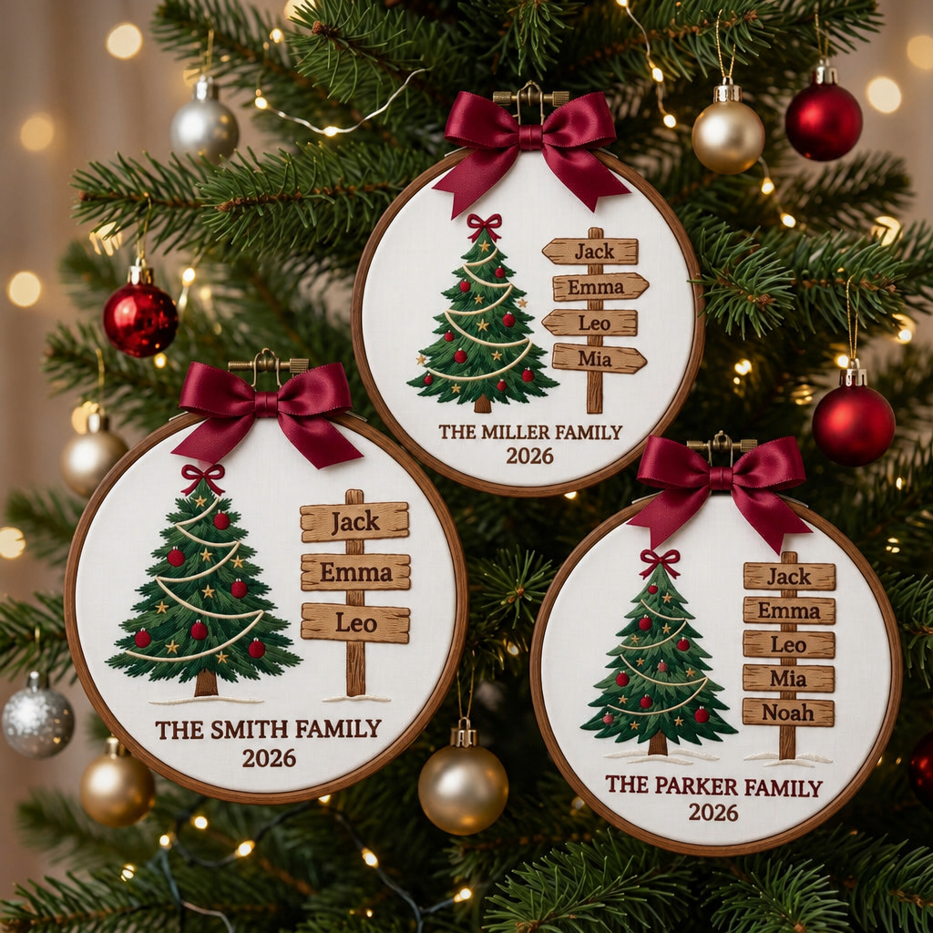 Personalized Family Christmas Tree Name Sign Embroidered Ornament